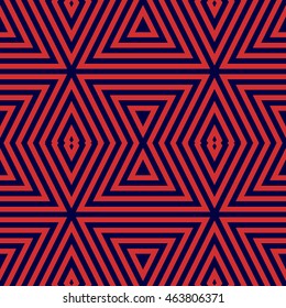 Seamless pattern with symmetric geometric ornament. Striped abstract background. Ethnic and tribal motifs. Repeated rhombuses and triangles wallpaper. Vector illustration