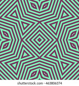 Seamless pattern with symmetric geometric ornament. Striped abstract background. Ethnic and tribal motifs. Repeated rhombuses and triangles wallpaper. Vector illustration