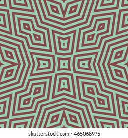 Seamless pattern with symmetric geometric ornament. Striped abstract background. Ethnic and tribal motifs. Repeated rhombuses and triangles wallpaper. Vector illustration