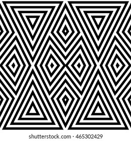 Seamless pattern with symmetric geometric ornament. Striped abstract background. Ethnic and tribal motifs. Repeated rhombuses and triangles wallpaper. Vector illustration