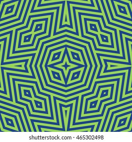 Seamless pattern with symmetric geometric ornament. Striped abstract background. Ethnic and tribal motifs. Ornamental wallpaper. Vector illustration