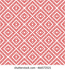Seamless pattern with symmetric geometric ornament. Ethnic and tribal motifs. Repeated rhombuses, quadrangles and lines background. Ornamental wallpaper.  Vector illustration