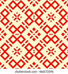 Seamless pattern with symmetric geometric ornament. Ethnic and tribal motifs. Repeated rhombuses, quadrangles and lines background. Ornamental wallpaper.  Vector illustration 