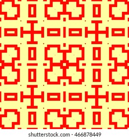 Seamless pattern with symmetric geometric ornament. Ethnic and tribal motifs. Repeated different figures background.Ornamental wallpaper. Vector illustration 