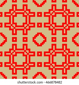 Seamless pattern with symmetric geometric ornament. Ethnic and tribal motifs. Repeated different figures background.Ornamental wallpaper. Vector illustration 