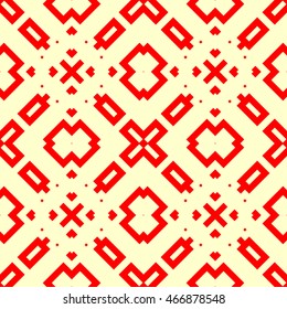 Seamless pattern with symmetric geometric ornament. Ethnic and tribal motifs. Repeated different figures background.Ornamental wallpaper. Vector illustration 