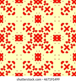 Seamless pattern with symmetric geometric ornament. Ethnic and tribal motifs. Repeated different figures background.Ornamental wallpaper. Vector illustration