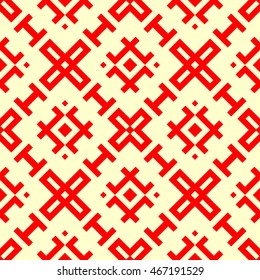 Seamless pattern with symmetric geometric ornament. Ethnic and tribal motifs. Repeated different figures background.Ornamental wallpaper. Vector illustration