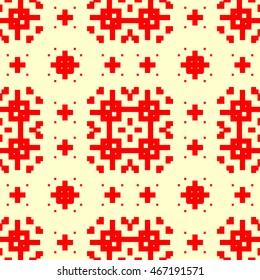 Seamless pattern with symmetric geometric ornament. Ethnic and tribal motifs. Repeated different figures background.Ornamental wallpaper. Vector illustration