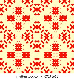 Seamless pattern with symmetric geometric ornament. Ethnic and tribal motifs. Repeated different figures background.Ornamental wallpaper. Vector illustration