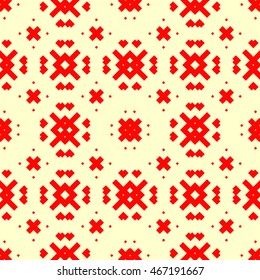 Seamless pattern with symmetric geometric ornament. Ethnic and tribal motifs. Repeated different figures background.Ornamental wallpaper. Vector illustration