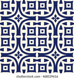 Seamless pattern with symmetric geometric ornament. Navy color abstract background. Vector illustration