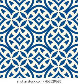 Seamless pattern with symmetric geometric ornament. Navy color abstract background. Vector illustration