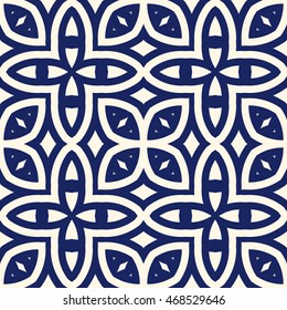 Seamless pattern with symmetric geometric ornament. Navy color abstract background. Vector illustration