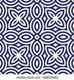 Seamless pattern with symmetric geometric ornament. Navy color abstract background. Vector illustration