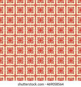 Seamless pattern with symmetric geometric ornament. Ethnic and tribal motifs. Repeated different figures background. Ornamental wallpaper. Vector illustration

