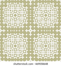 Seamless pattern with symmetric geometric ornament. Ethnic and tribal motifs. Repeated different figures background. Ornamental wallpaper. Vector illustration
