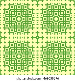Seamless pattern with symmetric geometric ornament. Ethnic and tribal motifs. Repeated different figures background. Ornamental wallpaper. Vector illustration
