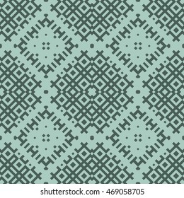 Seamless pattern with symmetric geometric ornament. Ethnic and tribal motifs. Repeated different figures background. Ornamental wallpaper. Vector illustration
