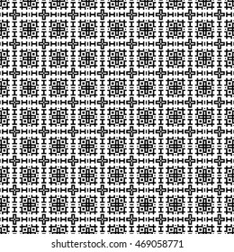 Seamless pattern with symmetric geometric ornament. Ethnic and tribal motifs. Repeated different figures background. Ornamental wallpaper. Vector illustration
