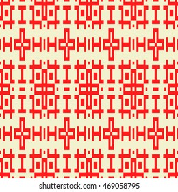 Seamless pattern with symmetric geometric ornament. Ethnic and tribal motifs. Repeated different figures background. Ornamental wallpaper. Vector illustration
