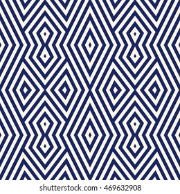 Seamless pattern with symmetric geometric ornament. Striped navy blue abstract background. Ethnic and tribal motifs. Repeated triangles wallpaper. Vector illustration