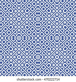 Seamless pattern with symmetric geometric ornament. Ethnic and tribal motifs. Repeated rhombuses, quadrangles and lines background. Ornamental wallpaper. Vector illustration