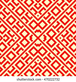 Seamless pattern with symmetric geometric ornament. Ethnic and tribal motifs. Repeated rhombuses, quadrangles and lines background. Ornamental wallpaper. Vector illustration