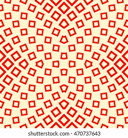 Seamless pattern with symmetric geometric ornament. Repeated red squares and rhombuses on yellow background. Ornamental wallpaper. Vector illustration