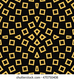 Seamless pattern with symmetric geometric ornament. Repeated gold squares and rhombuses on black background. Ornamental wallpaper. Vector illustration