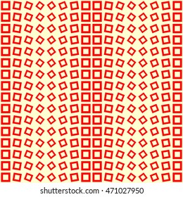 Seamless pattern with symmetric geometric ornament. Repeated red squares and rhombuses on yellow background. Creative wallpaper. Vector illustration
