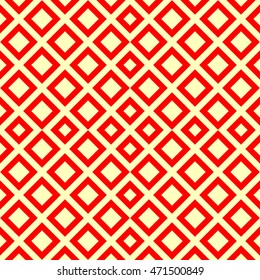 Seamless pattern with symmetric geometric ornament. Repeated red rhombuses on yellow background. Checkered abstract wallpaper. Vector illustration