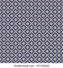 Seamless pattern with symmetric geometric ornament. Repeated blue rhombuses on brown background. Checkered abstract wallpaper. Vector illustration