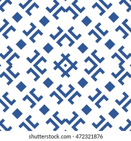 Seamless pattern with symmetric geometric ornament. Ethnic and tribal motifs. Different  figures background. Ornamental wallpaper. Vector illustration