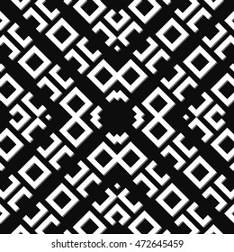 Seamless pattern with symmetric geometric ornament. Ethnic and tribal motifs. Repeated rhombuses, quadrangles and curves background. Ornamental wallpaper. Vector illustration