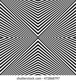 Seamless pattern with symmetric geometric ornament. Sharp black curves on white background. Op art style wallpaper. Vector abstract illustration