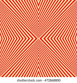 Seamless pattern with symmetric geometric ornament. Sharp red curves on yellow background. Op art style wallpaper. Vector abstract illustration
