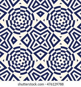 Seamless pattern with symmetric geometric ornament. Navy color abstract background. Vector illustration