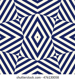 Seamless pattern with symmetric geometric ornament. Striped navy blue abstract background. Ethnic and tribal motifs. Repeated blocks wallpaper. Vector illustration
