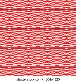 Seamless pattern with symmetric geometric ornament. Striped red abstract on white background. Repeated triangles and rhombuses wallpaper. Vector illustration