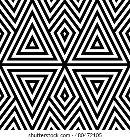 Seamless pattern with symmetric geometric ornament. Striped black abstract on white background. Repeated triangles and rhombuses wallpaper. Vector illustration 