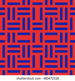 Seamless pattern with symmetric geometric ornament. Different blue lines abstract on red background. Wicker motif. Ornamental wallpaper. Vector illustration