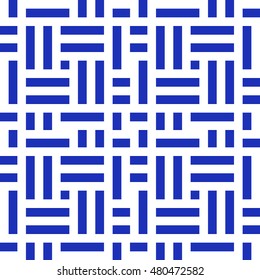 Seamless pattern with symmetric geometric ornament. Different blue lines abstract on white background. Wicker motif. Ornamental wallpaper. Vector illustration
