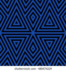 Seamless pattern with symmetric geometric ornament. Striped blue abstract on black background. Repeated triangles and rhombuses wallpaper. Vector illustration 
