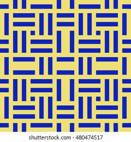 Seamless pattern with symmetric geometric ornament. Different blue lines abstract on yellow background. Wicker motif. Ornamental wallpaper. Vector illustration