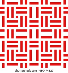 Seamless pattern with symmetric geometric ornament. Different red lines abstract on white background. Wicker motif. Ornamental wallpaper. Vector illustration