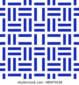 Seamless pattern with symmetric geometric ornament. Different blue lines abstract on white background. Wicker motif. Ornamental wallpaper. Vector illustration