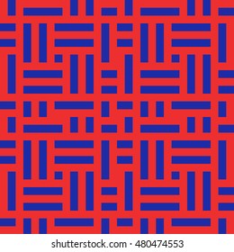 Seamless pattern with symmetric geometric ornament. Different blue lines abstract on red background. Wicker motif. Ornamental wallpaper. Vector illustration