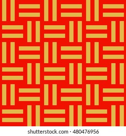 Seamless pattern with symmetric geometric ornament. Different yellow lines abstract on red background. Wicker motif. Ornamental wallpaper. Vector illustration