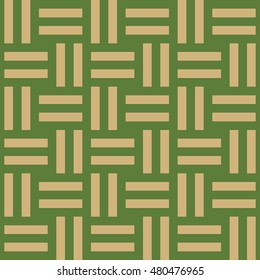 Seamless pattern with symmetric geometric ornament. Different brown lines abstract on green background. Wicker motif. Ornamental wallpaper. Vector illustration